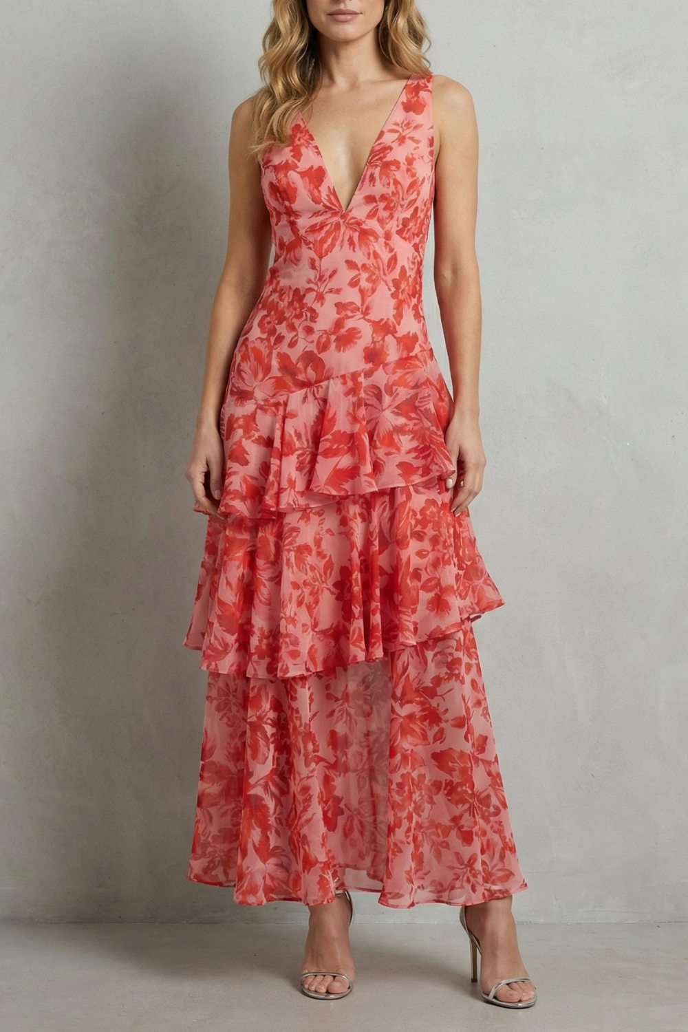 red chiffon ruffle layer maxi dress Virella – Crimson blossom layers – Tiered chiffon maxi dress