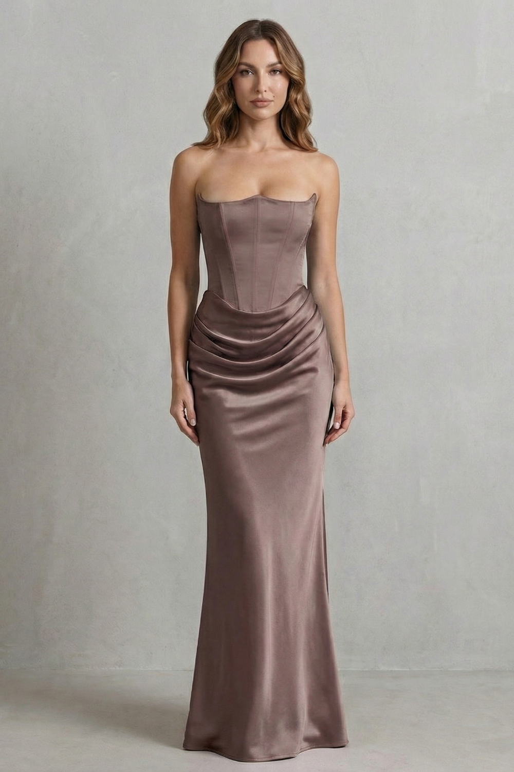Evelisse – Sculpted satin drape – Strapless corset maxi dress-10598761300311-OLVIA ROSE LONDON