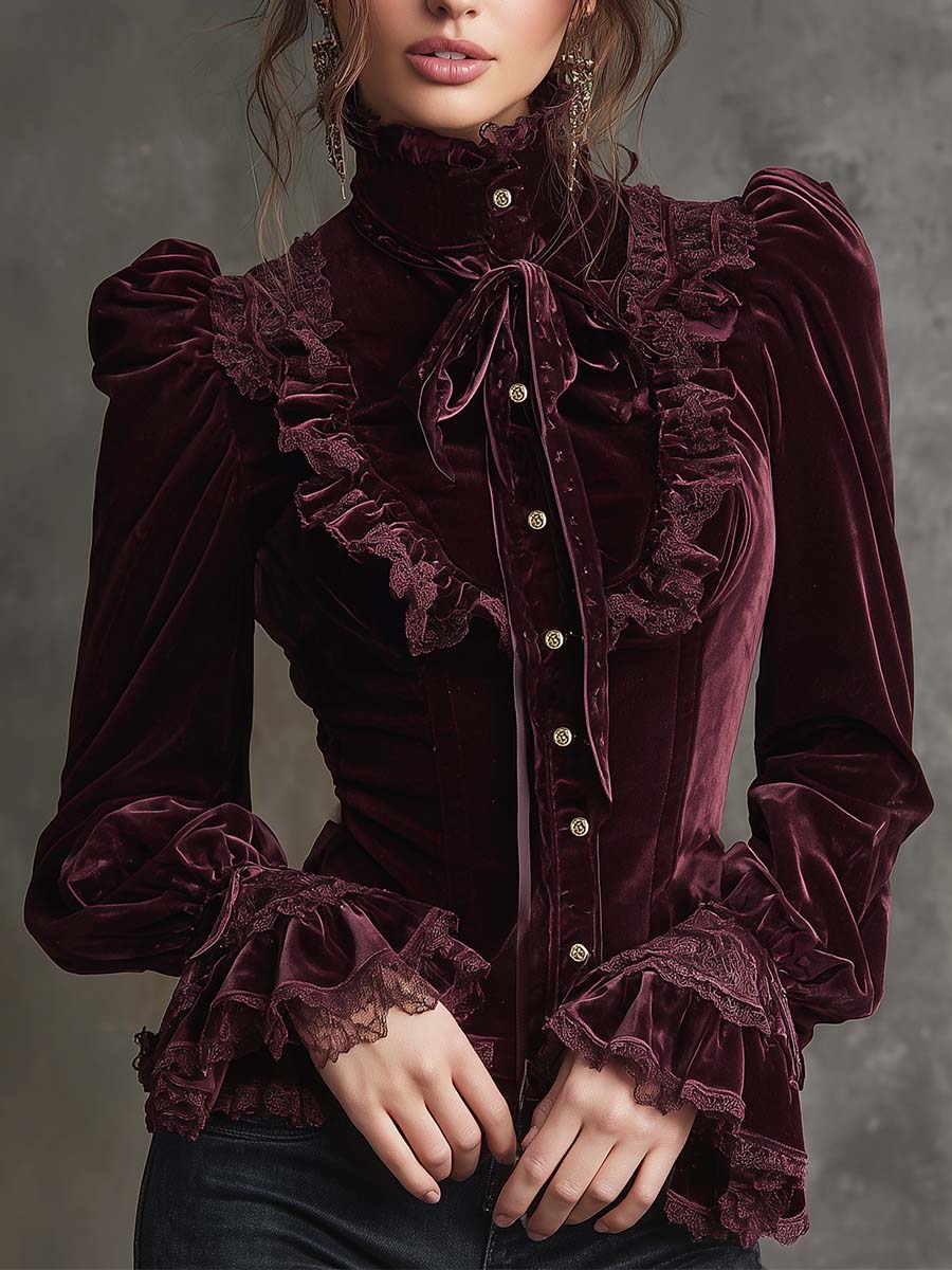 Vignoletta – Ruffled velvet lace – Victorian blouse-10434780397911-OLVIA ROSE LONDON