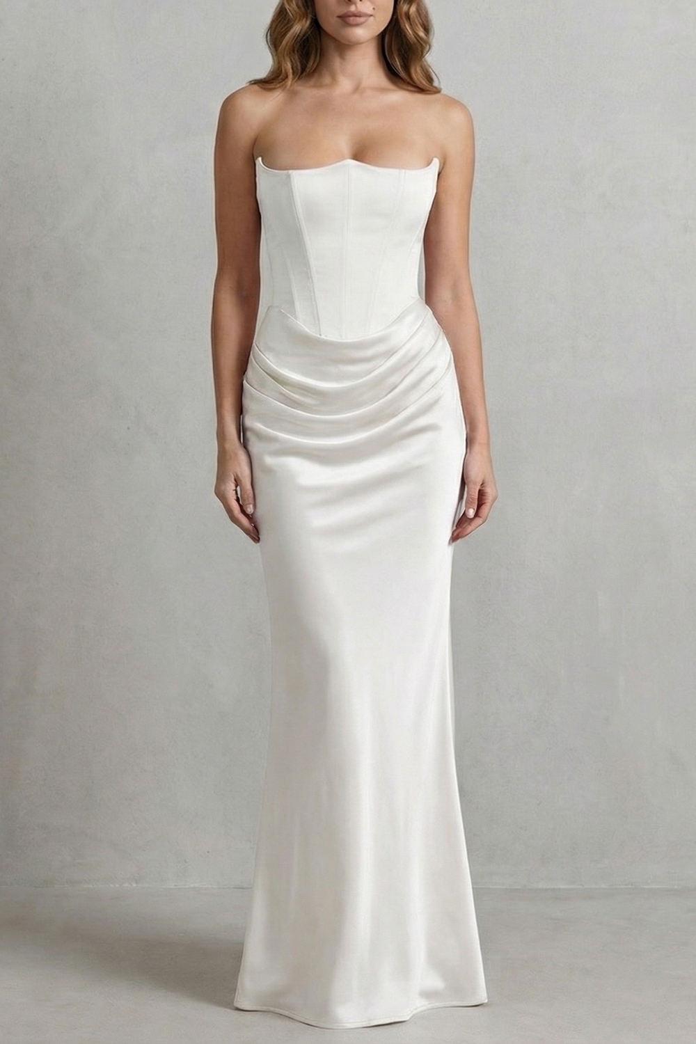 Evelisse – Sculpted satin drape – Strapless corset maxi dress-10598761300311-OLVIA ROSE LONDON