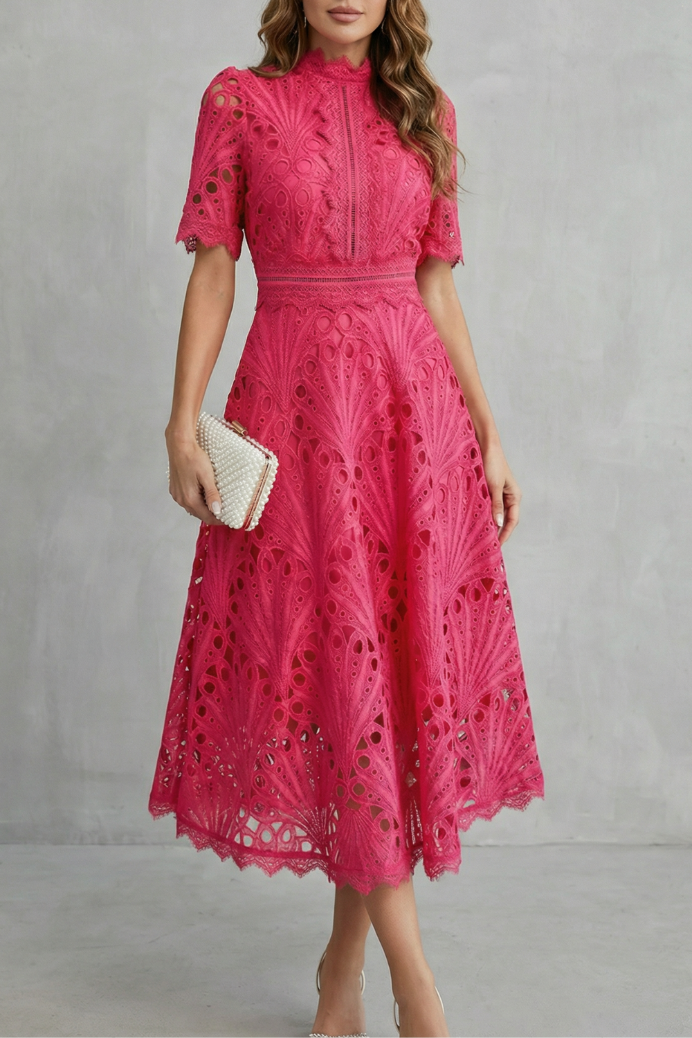 Charlisse – Ornate lace refinement – High-neck midi dress-10601573384535-OLVIA ROSE LONDON