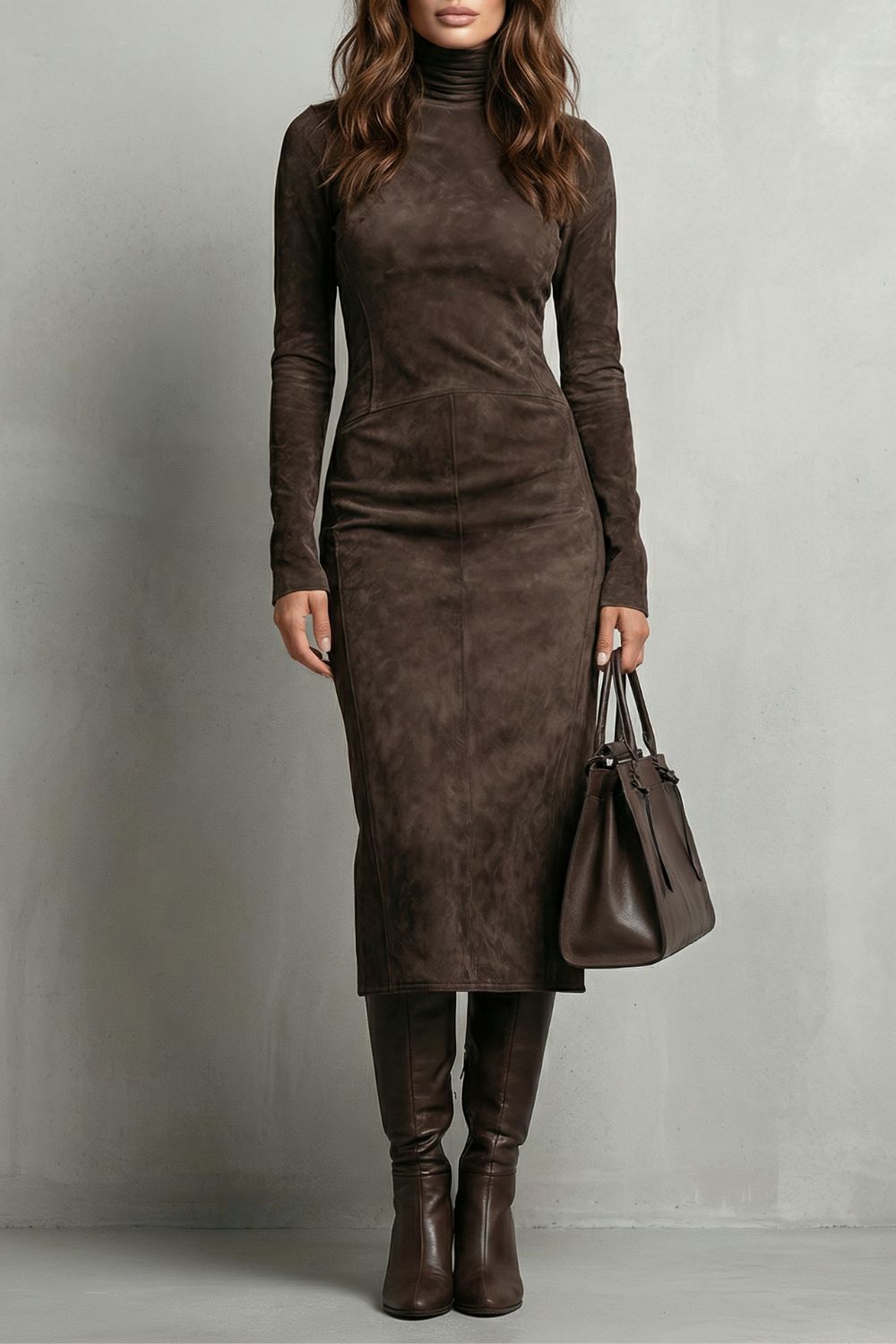 Levréne – Sculpted suede effect – Turtleneck midi dress-10452988035415-OLVIA ROSE LONDON