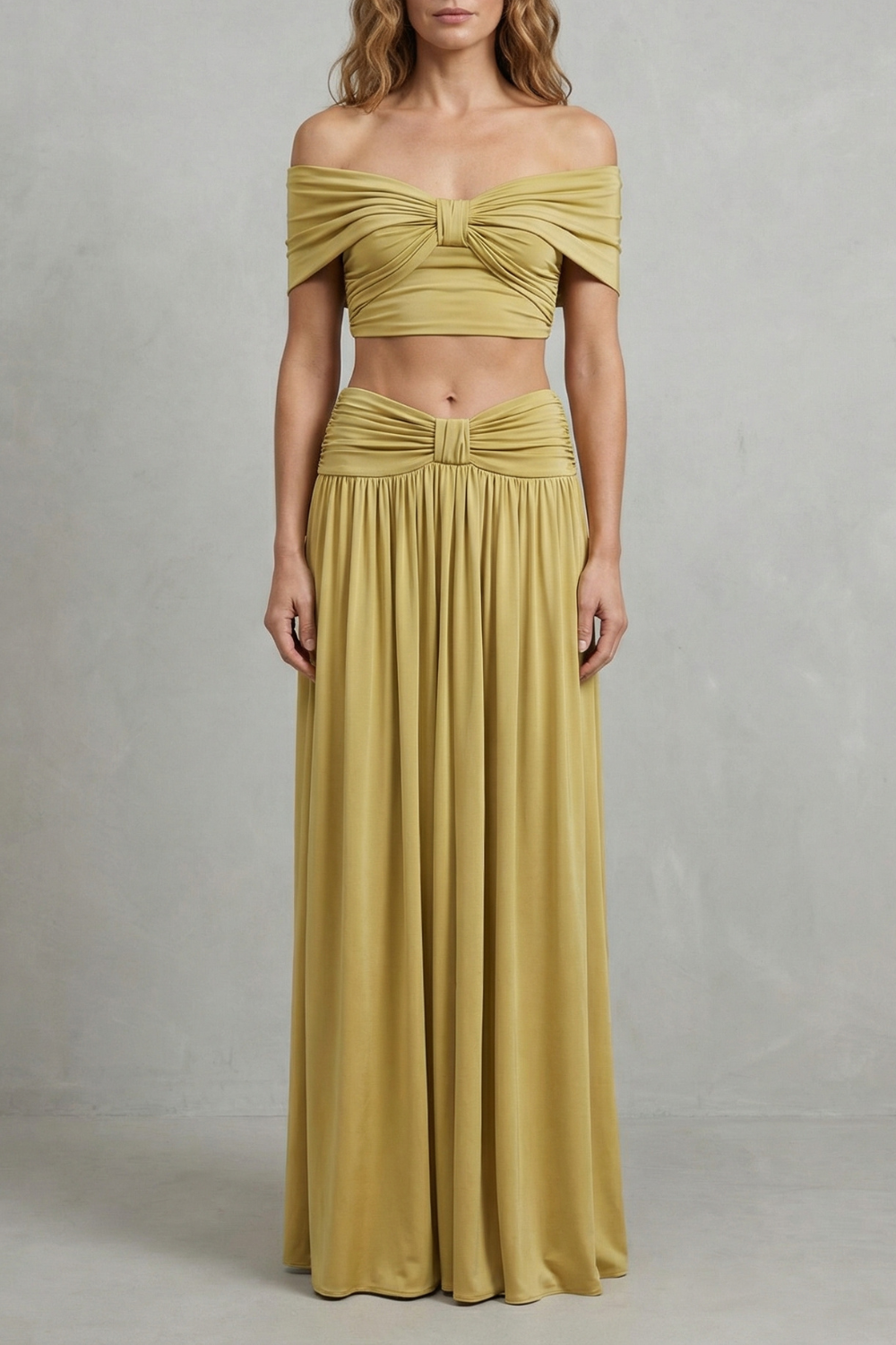 Ramona – Golden glow – Women’s Off-Shoulder Ruched Skirt Set-10598838042967-OLVIA ROSE LONDON