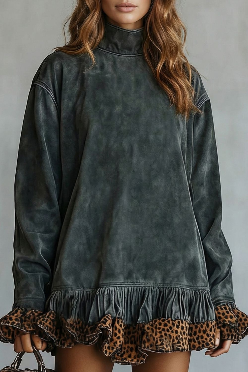 Selvatta – Leopard trim ruffle – Suede mini dress-10452970996055-OLVIA ROSE LONDON