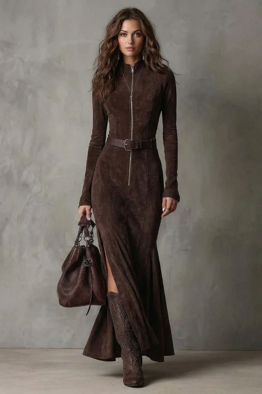 Raviona – Belted suede style – Maxi zip dress（Includes belt）-10454016754007-OLVIA ROSE LONDON