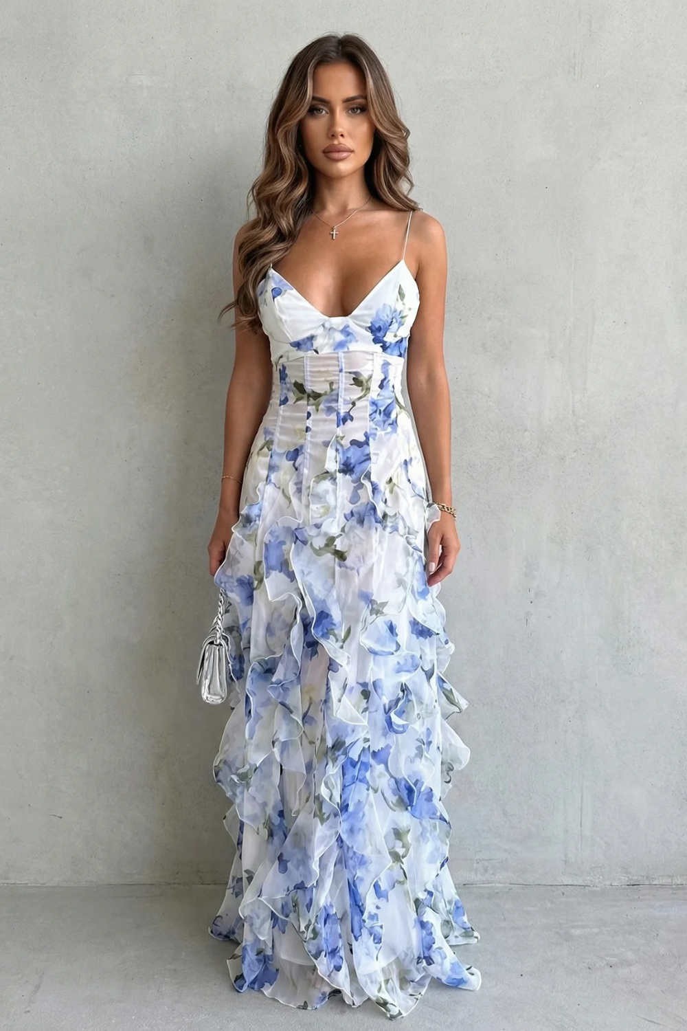 Fiorella – Watercolour bloom flow – Ruffled chiffon maxi dress-10601540616535-OLVIA ROSE LONDON