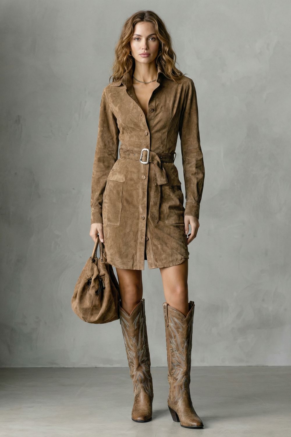 Vellessa – Belted silhouette – Suede midi dress-10452984136023-OLVIA ROSE LONDON