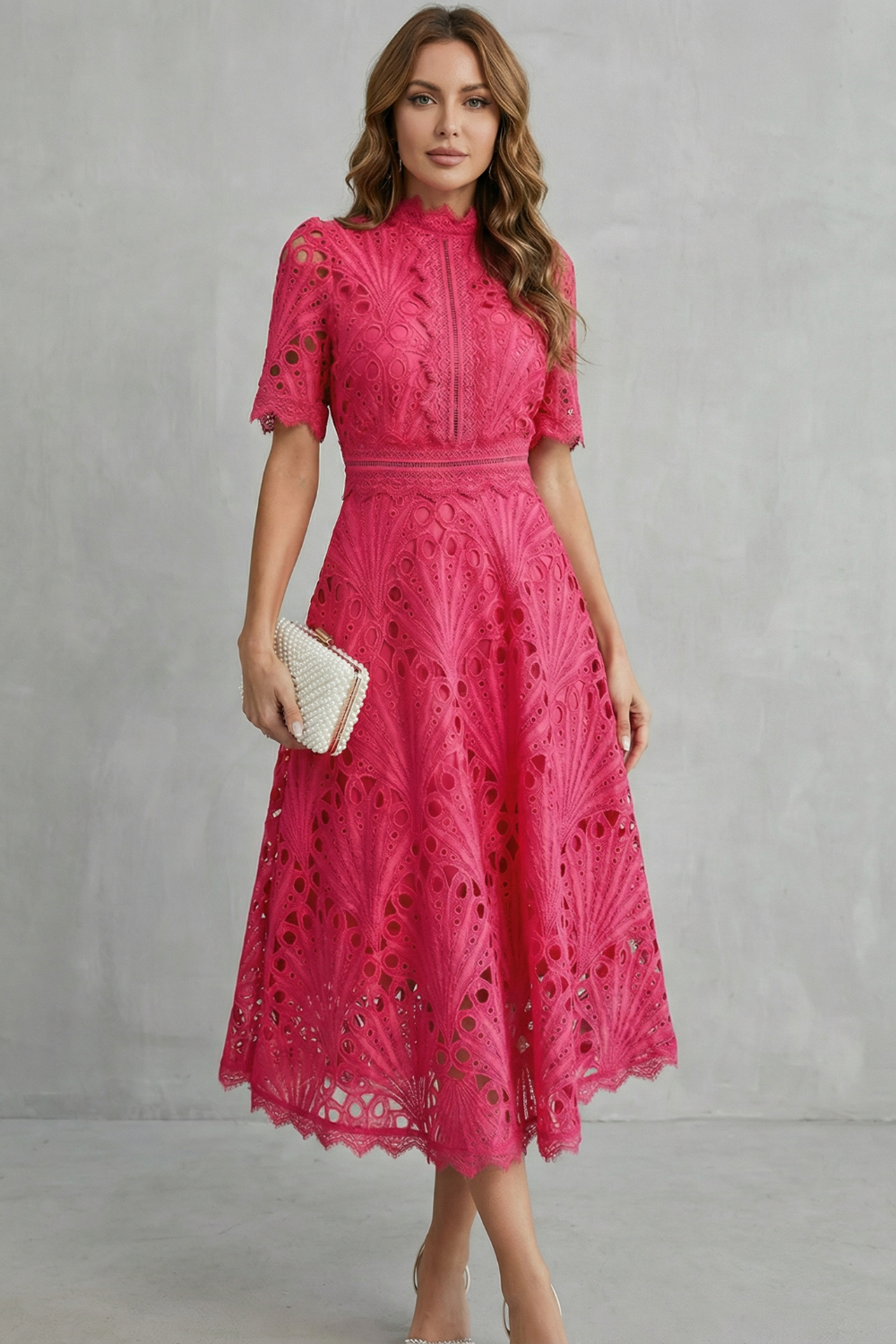 Charlisse – Ornate lace refinement – High-neck midi dress-10601573384535-OLVIA ROSE LONDON