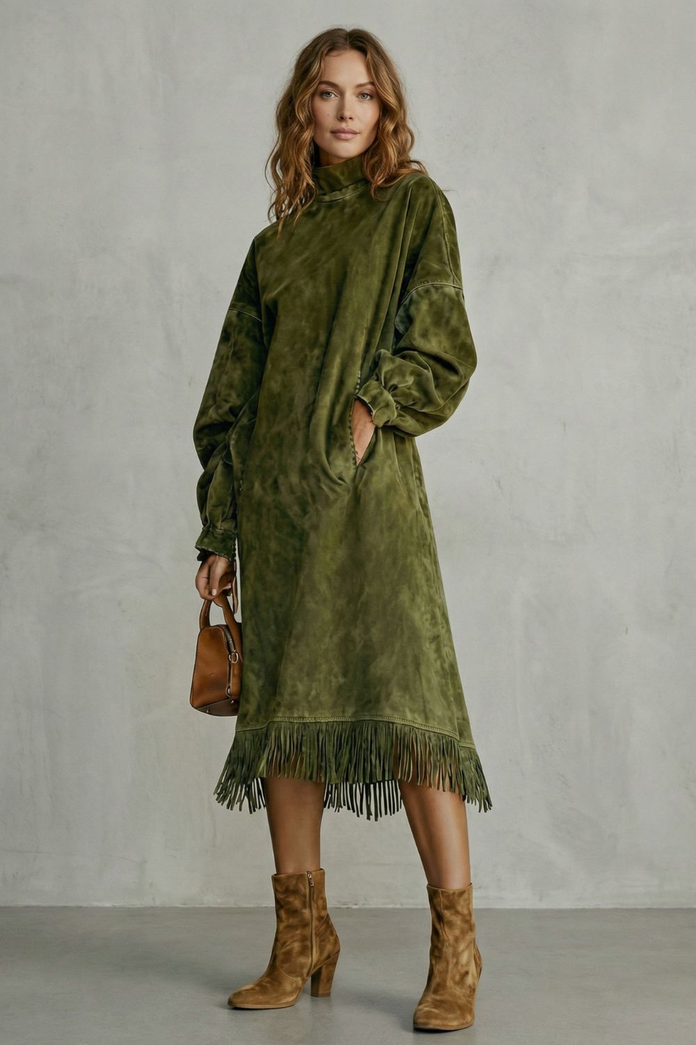 Valdrina – Suede fringe detail – Midi turtleneck dress-10452926300503-OLVIA ROSE LONDON