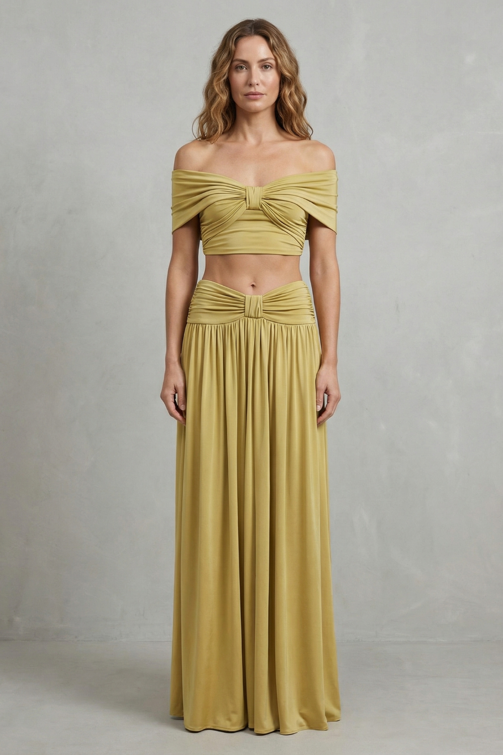 Ramona – Golden glow – Women’s Off-Shoulder Ruched Skirt Set-10598838042967-OLVIA ROSE LONDON