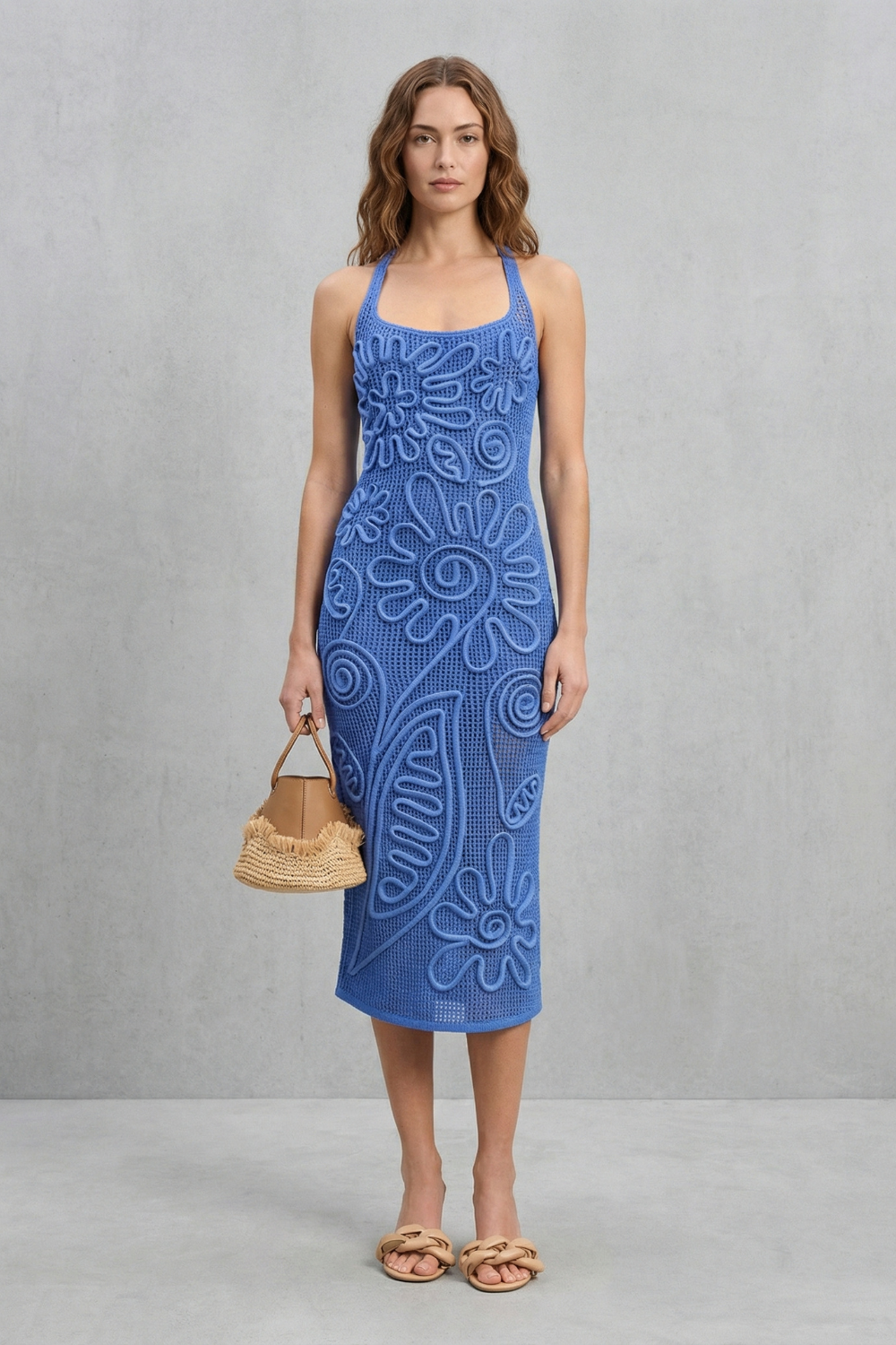 Fiorèra – Sculpted crochet bloom – Textured midi dress-10601573417303-OLVIA ROSE LONDON