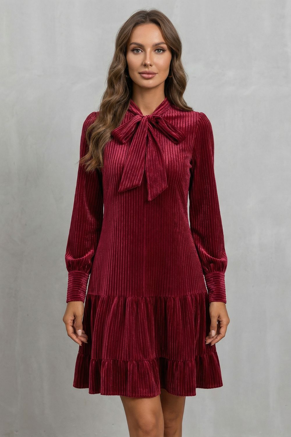 Valeriane – Bow tie detail – Velvety Corduroy mini dress-10454206480727-OLVIA ROSE LONDON