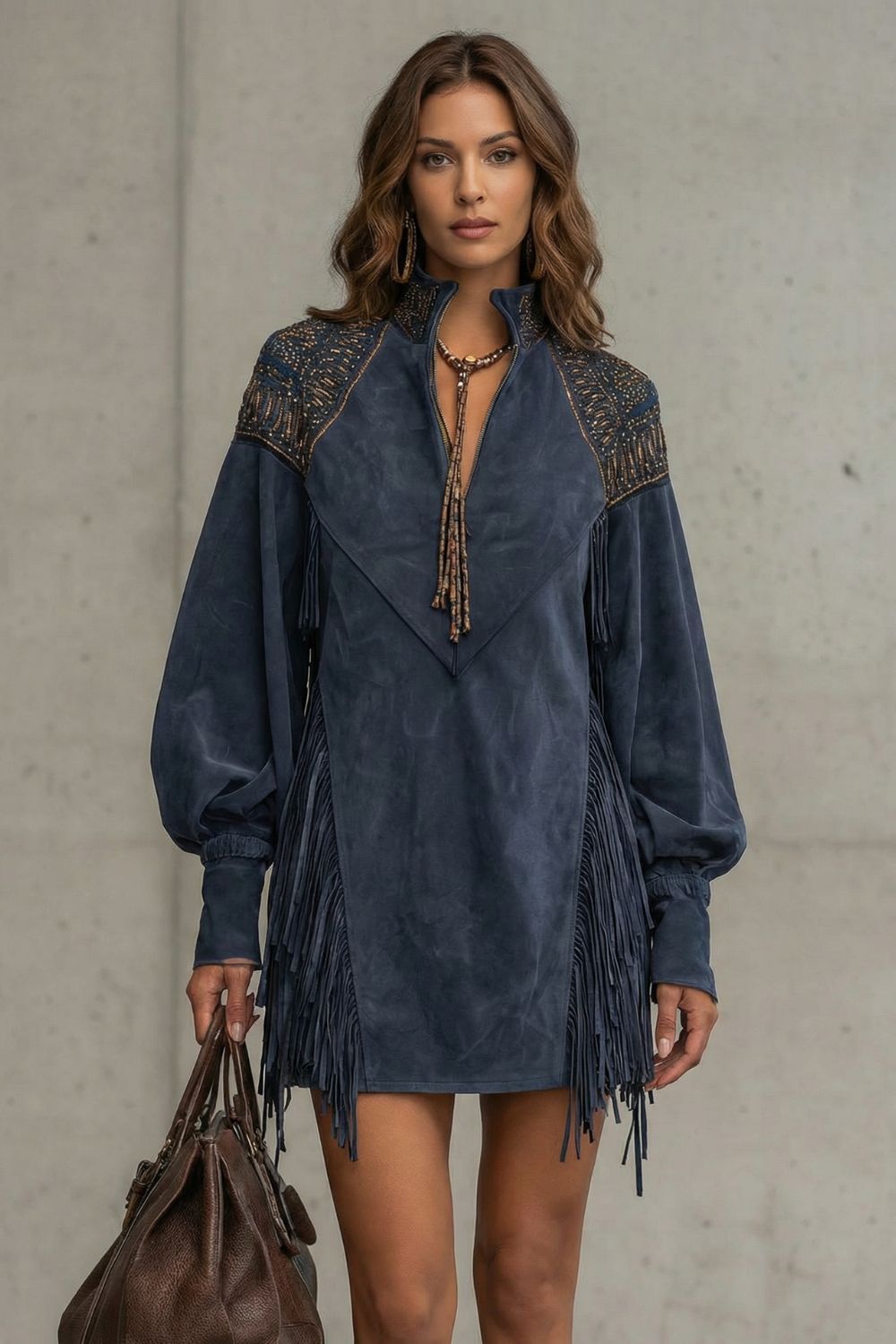 Calvetta – Embroidered fringe detail – Tunic mini dress-10452985053527-OLVIA ROSE LONDON