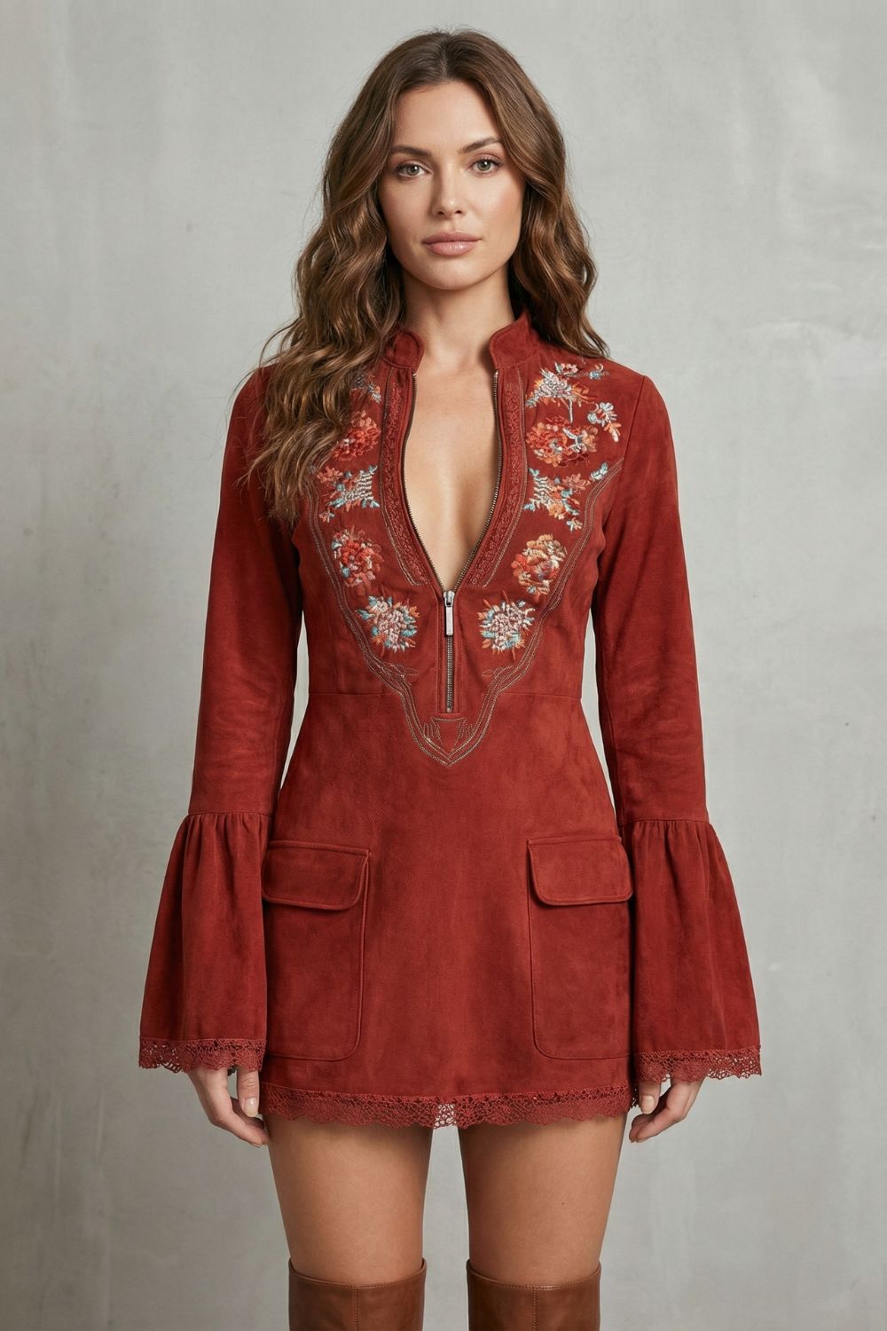 Rosavine – Embroidered neckline – Suede mini dress-10452971651415-OLVIA ROSE LONDON