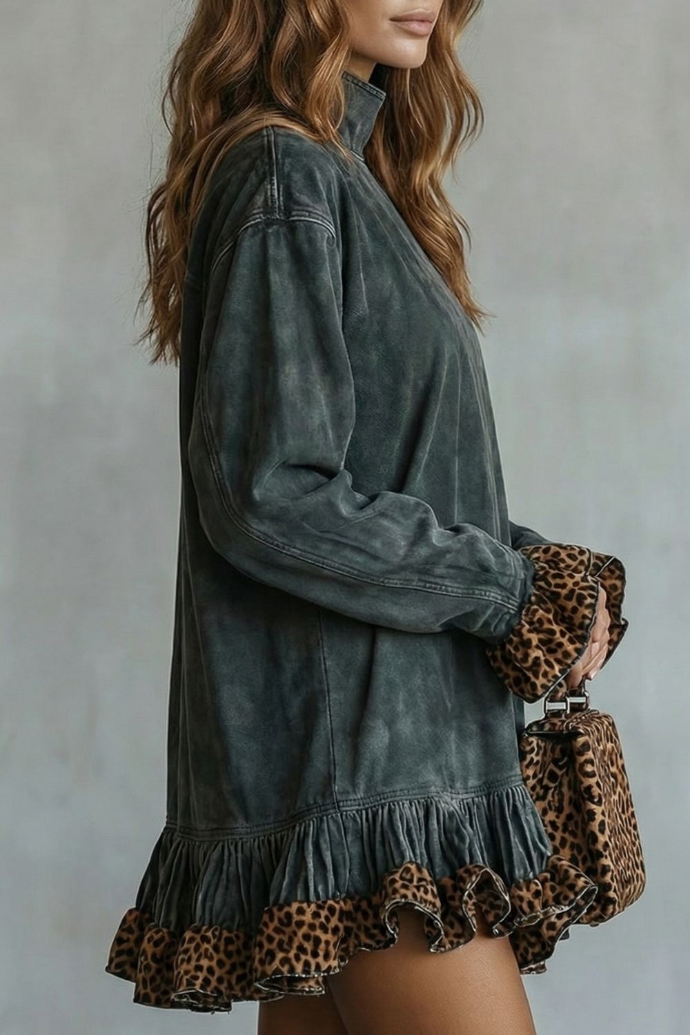 Selvatta – Leopard trim ruffle – Suede mini dress-10452970996055-OLVIA ROSE LONDON