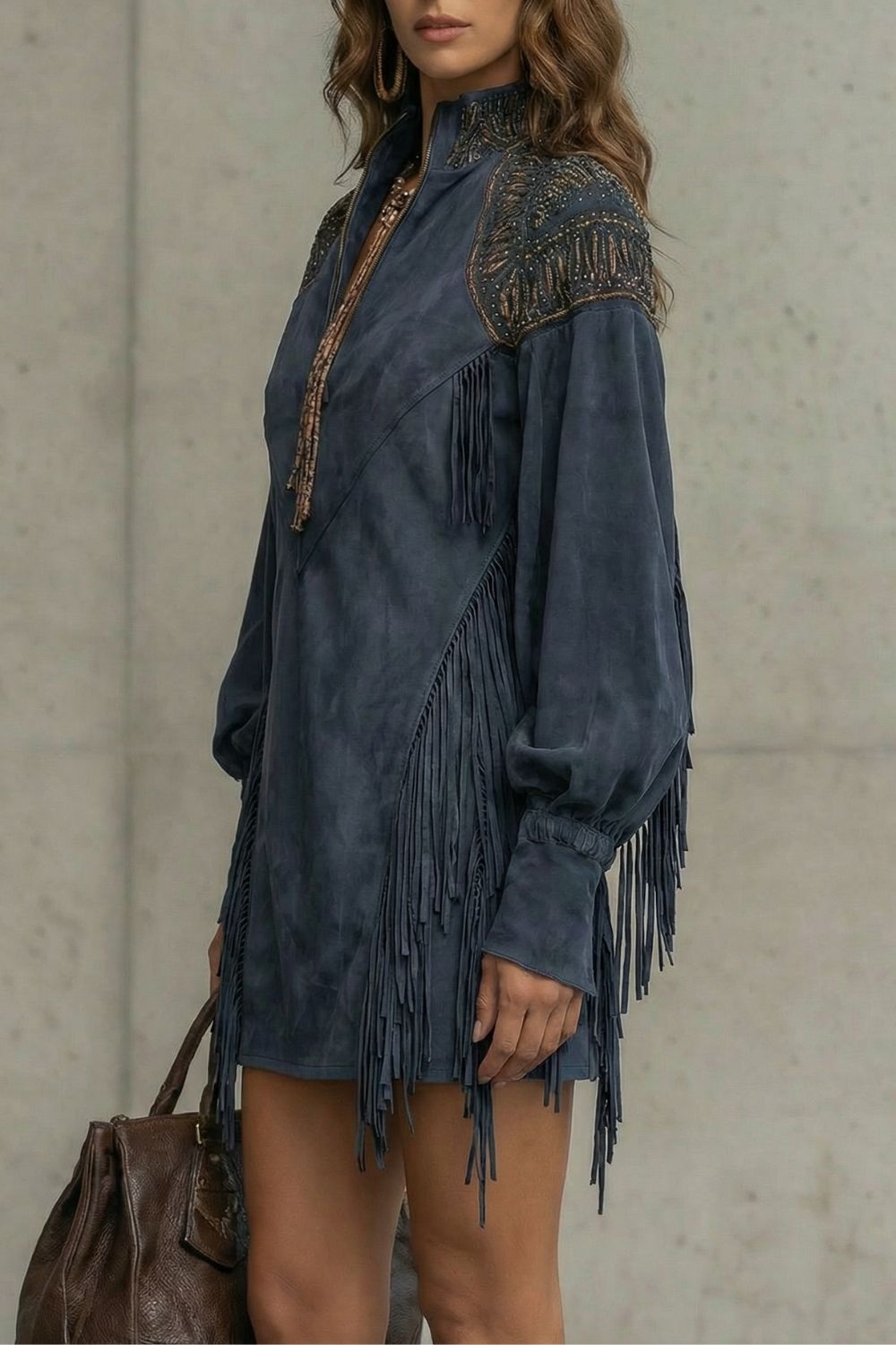 Calvetta – Embroidered fringe detail – Tunic mini dress-10452985053527-OLVIA ROSE LONDON