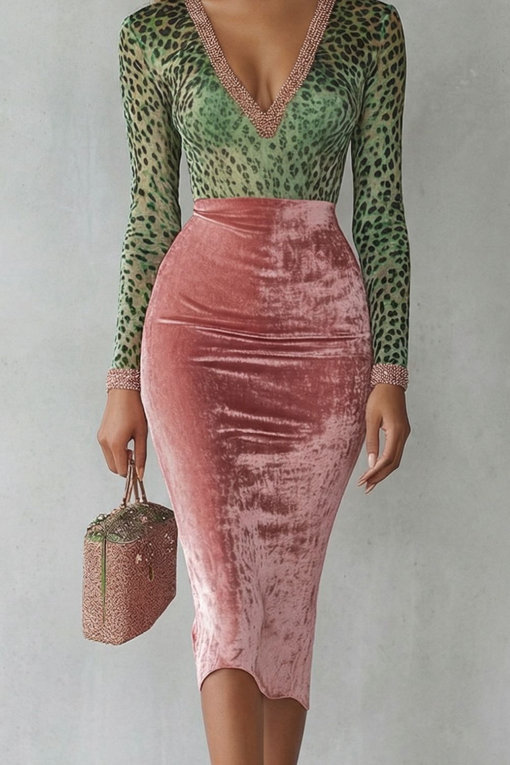 Virelline – Leopard velvet contrast – Bodycon midi dress-10451331875159-OLVIA ROSE LONDON