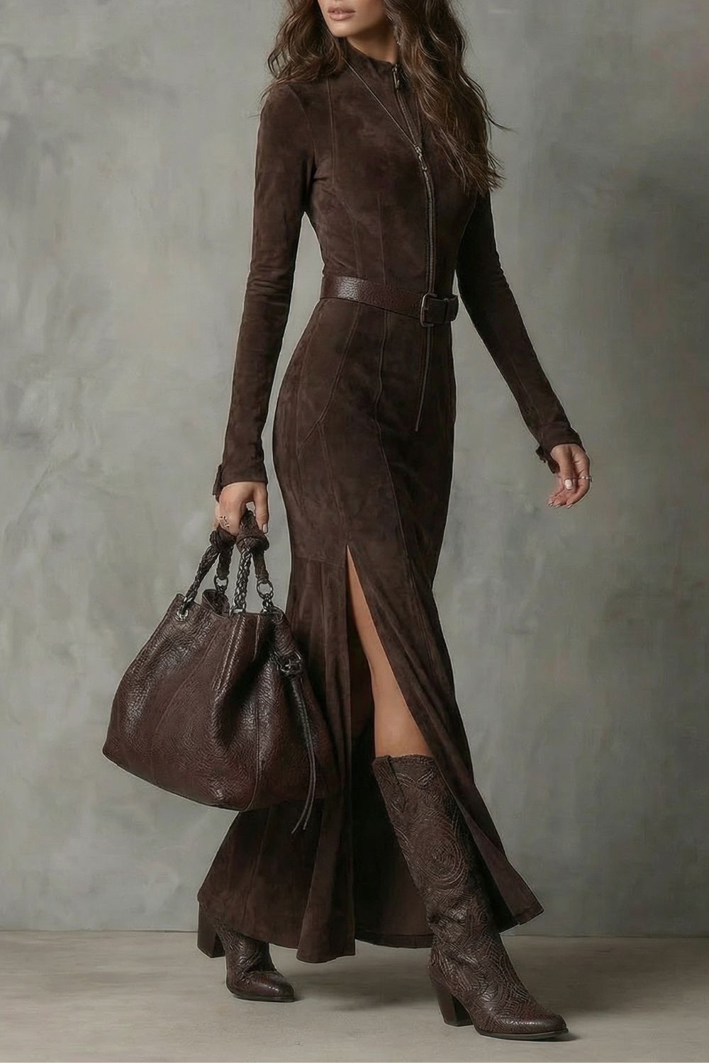 Raviona – Belted suede style – Maxi zip dress（Includes belt）-10454016754007-OLVIA ROSE LONDON