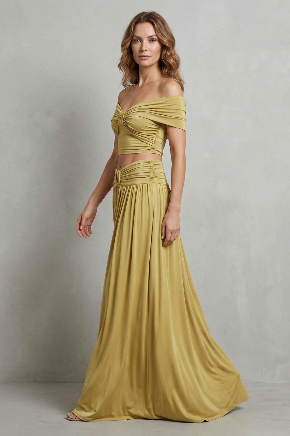 Ramona – Golden glow – Women’s Off-Shoulder Ruched Skirt Set-10598838042967-OLVIA ROSE LONDON