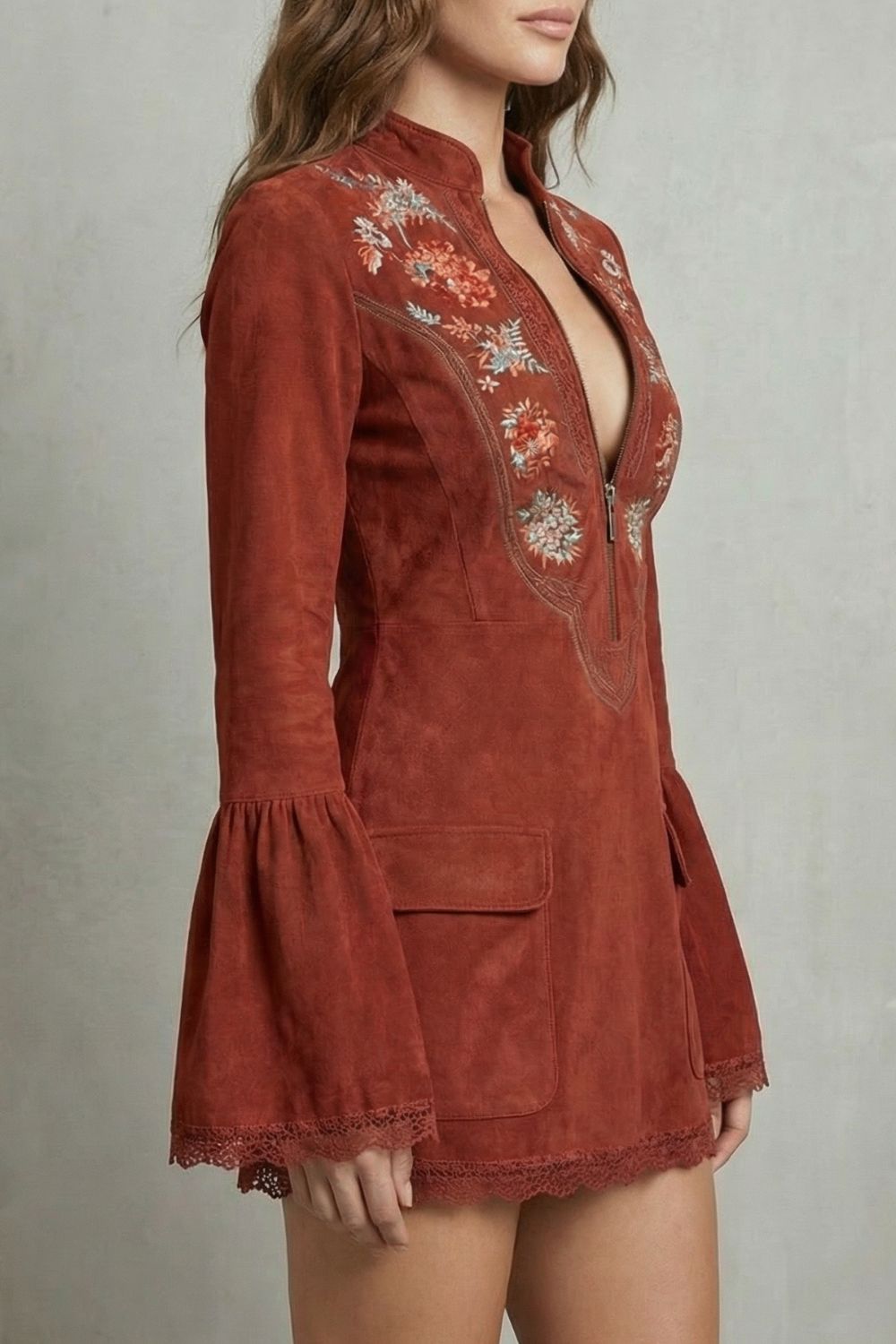 Rosavine – Embroidered neckline – Suede mini dress-10452971651415-OLVIA ROSE LONDON