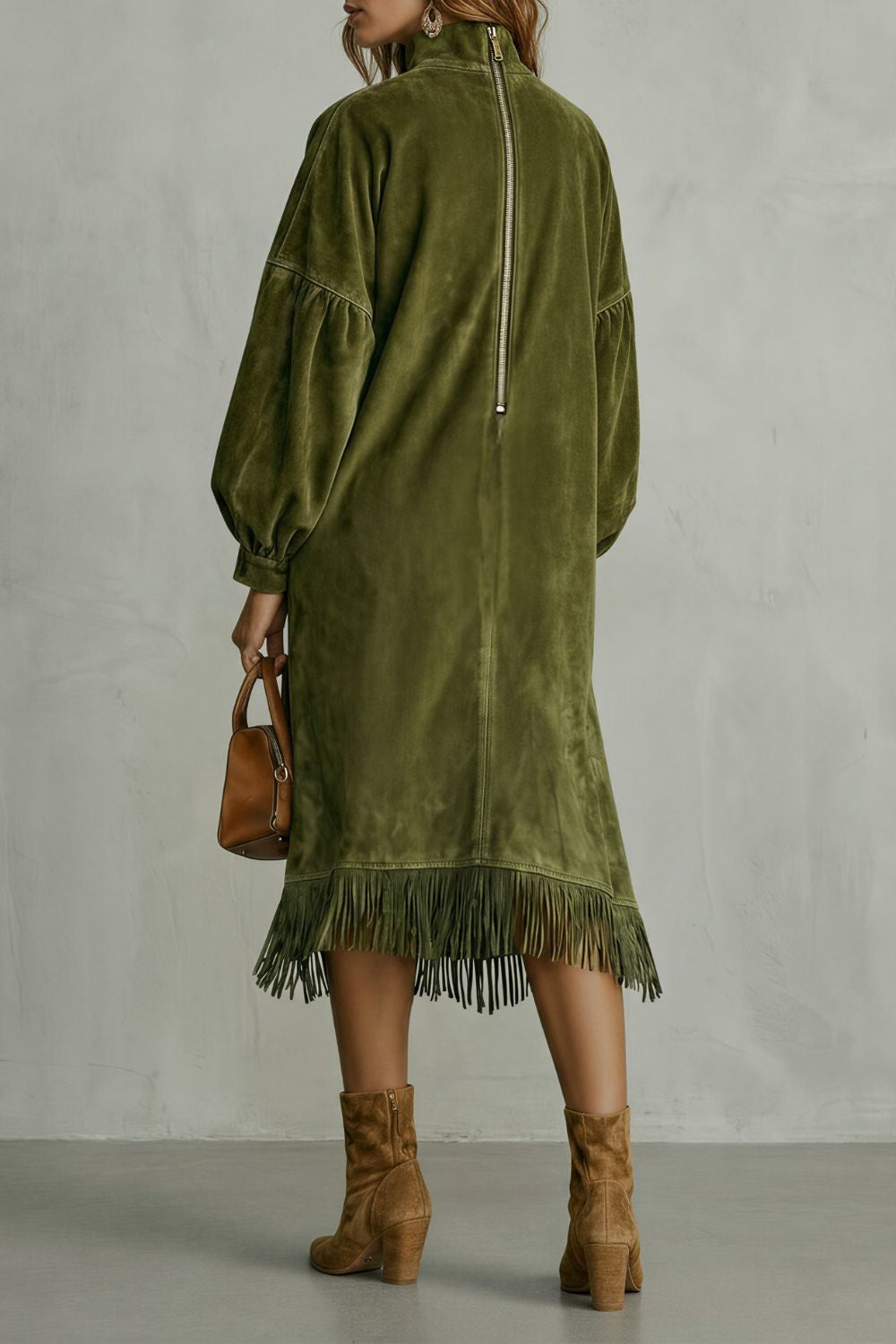 Valdrina – Suede fringe detail – Midi turtleneck dress-10452926300503-OLVIA ROSE LONDON