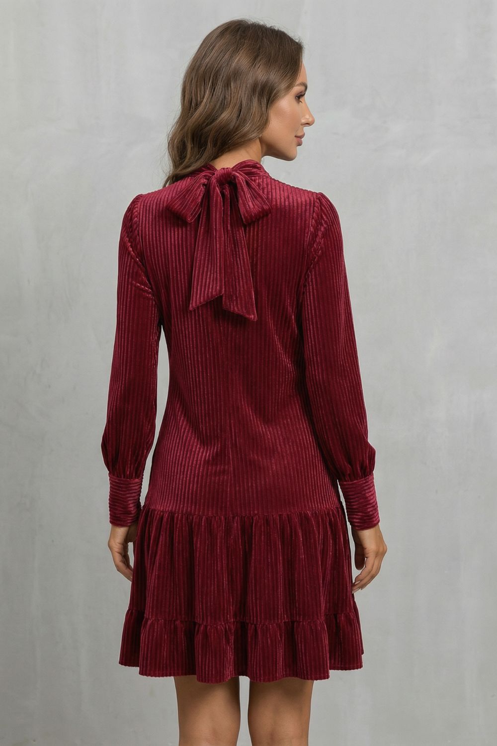 Valeriane – Bow tie detail – Velvety Corduroy mini dress-10454206480727-OLVIA ROSE LONDON