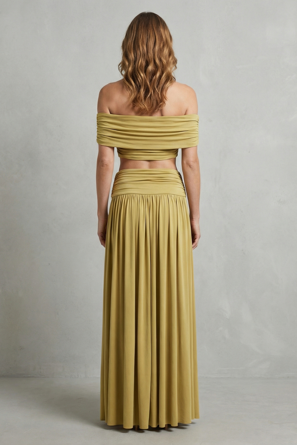 Ramona – Golden glow – Women’s Off-Shoulder Ruched Skirt Set-10598838042967-OLVIA ROSE LONDON