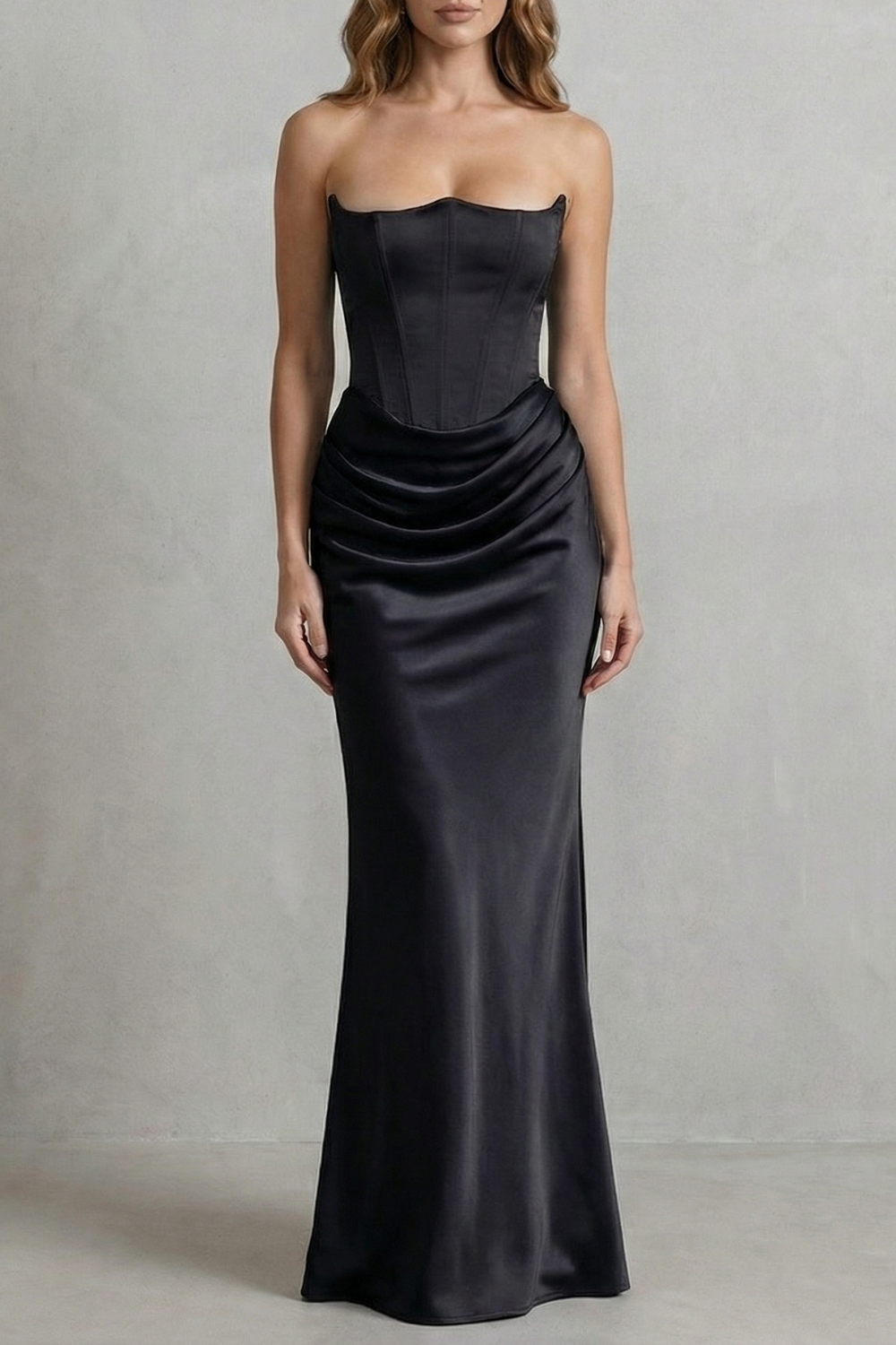Evelisse – Sculpted satin drape – Strapless corset maxi dress-10598761300311-OLVIA ROSE LONDON