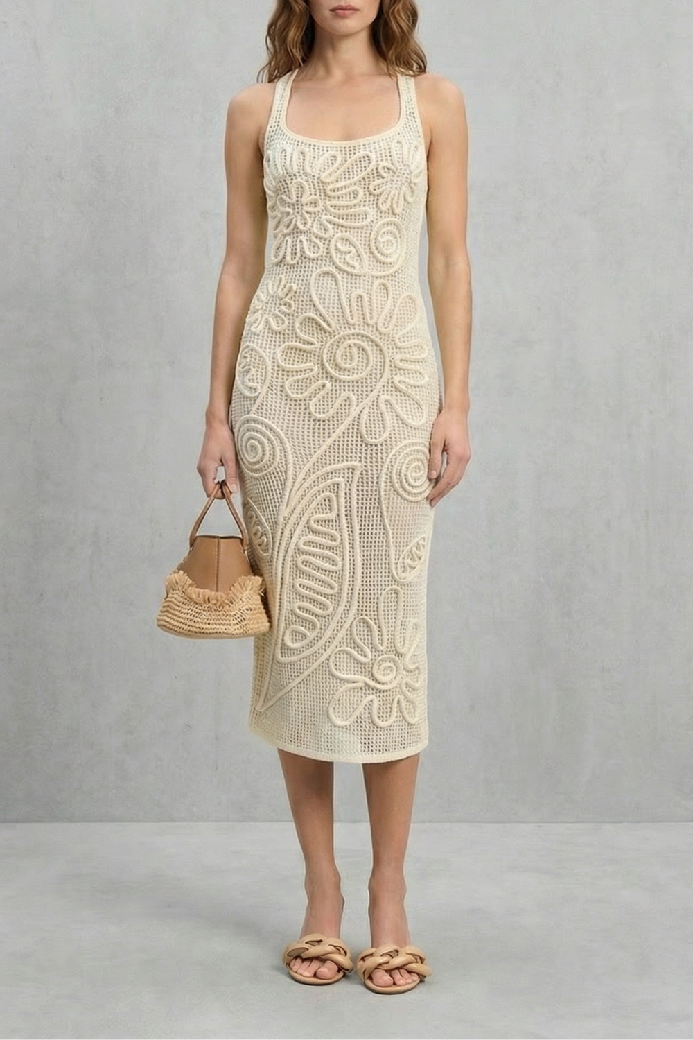 Fiorèra – Sculpted crochet bloom – Textured midi dress-10601573417303-OLVIA ROSE LONDON