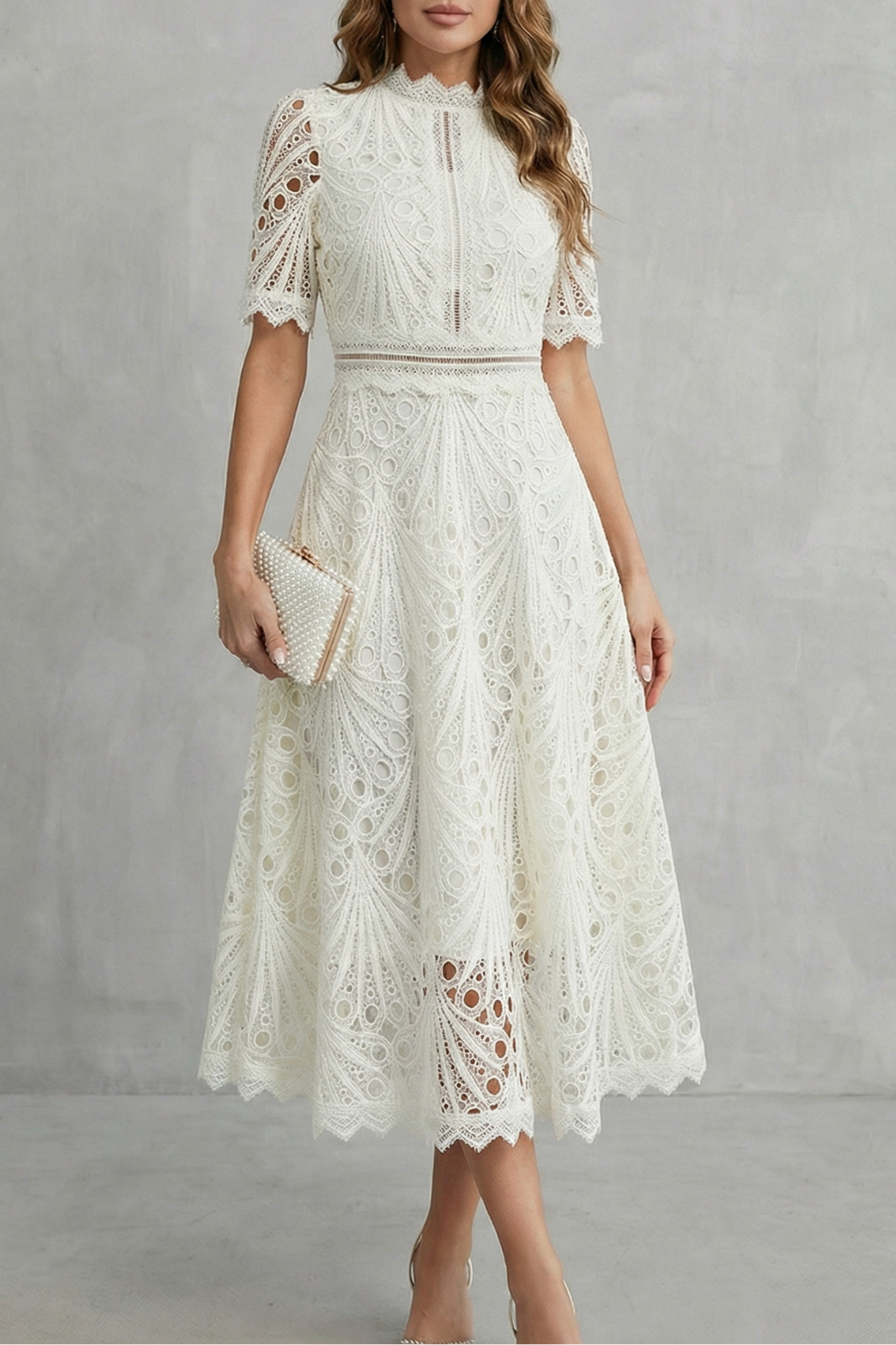 Charlisse – Ornate lace refinement – High-neck midi dress-10601573384535-OLVIA ROSE LONDON