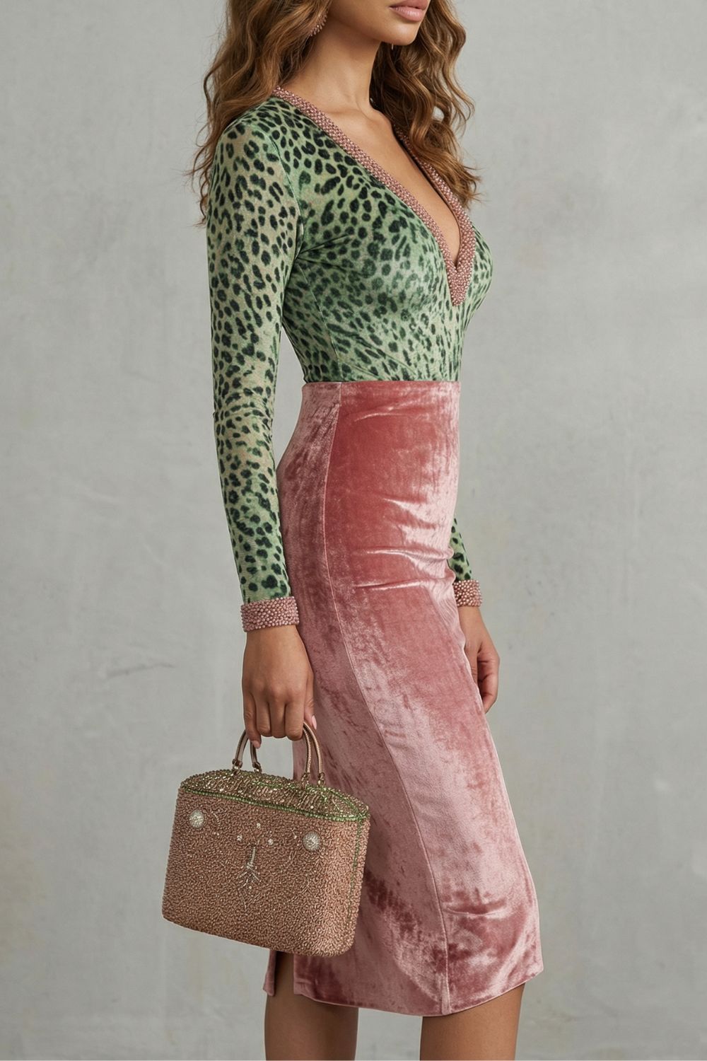 Virelline – Leopard velvet contrast – Bodycon midi dress-10451331875159-OLVIA ROSE LONDON