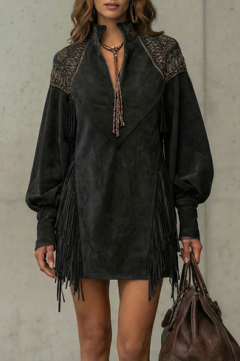 Calvetta – Embroidered fringe detail – Tunic mini dress-10452985053527-OLVIA ROSE LONDON