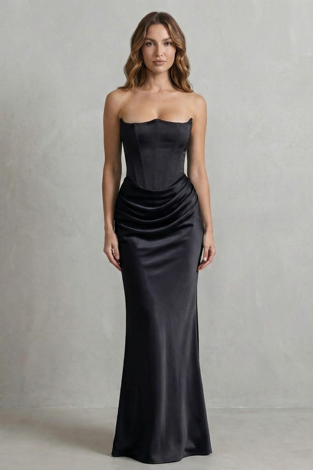 Evelisse – Sculpted satin drape – Strapless corset maxi dress-10598761300311-OLVIA ROSE LONDON
