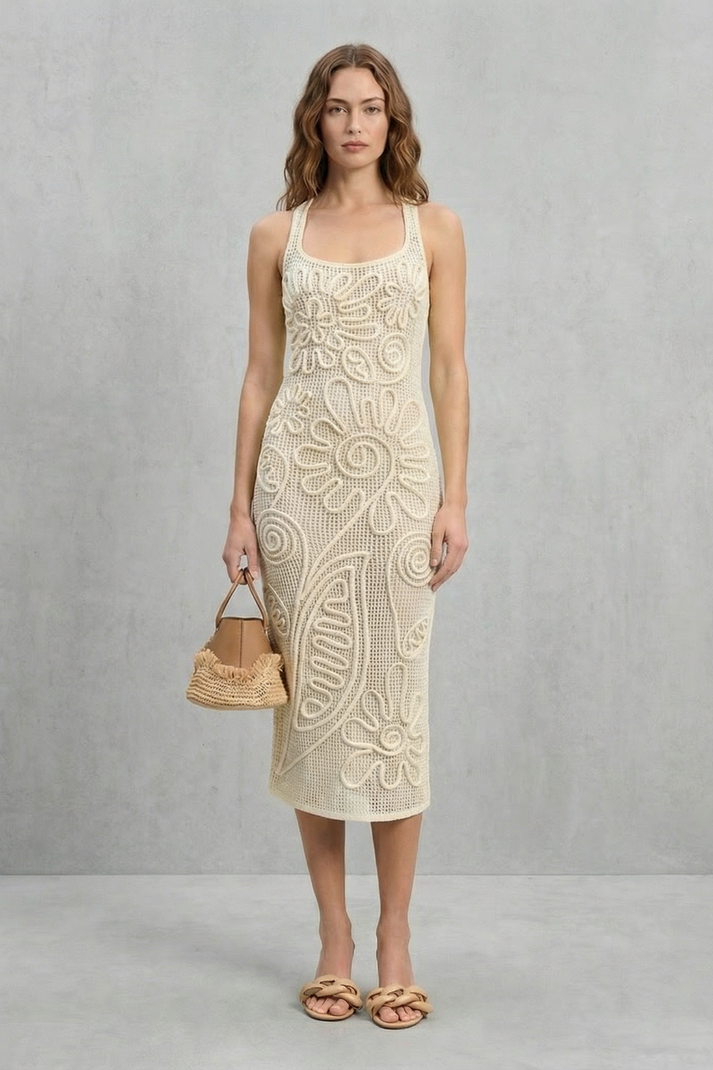 Fiorèra – Sculpted crochet bloom – Textured midi dress-10601573417303-OLVIA ROSE LONDON