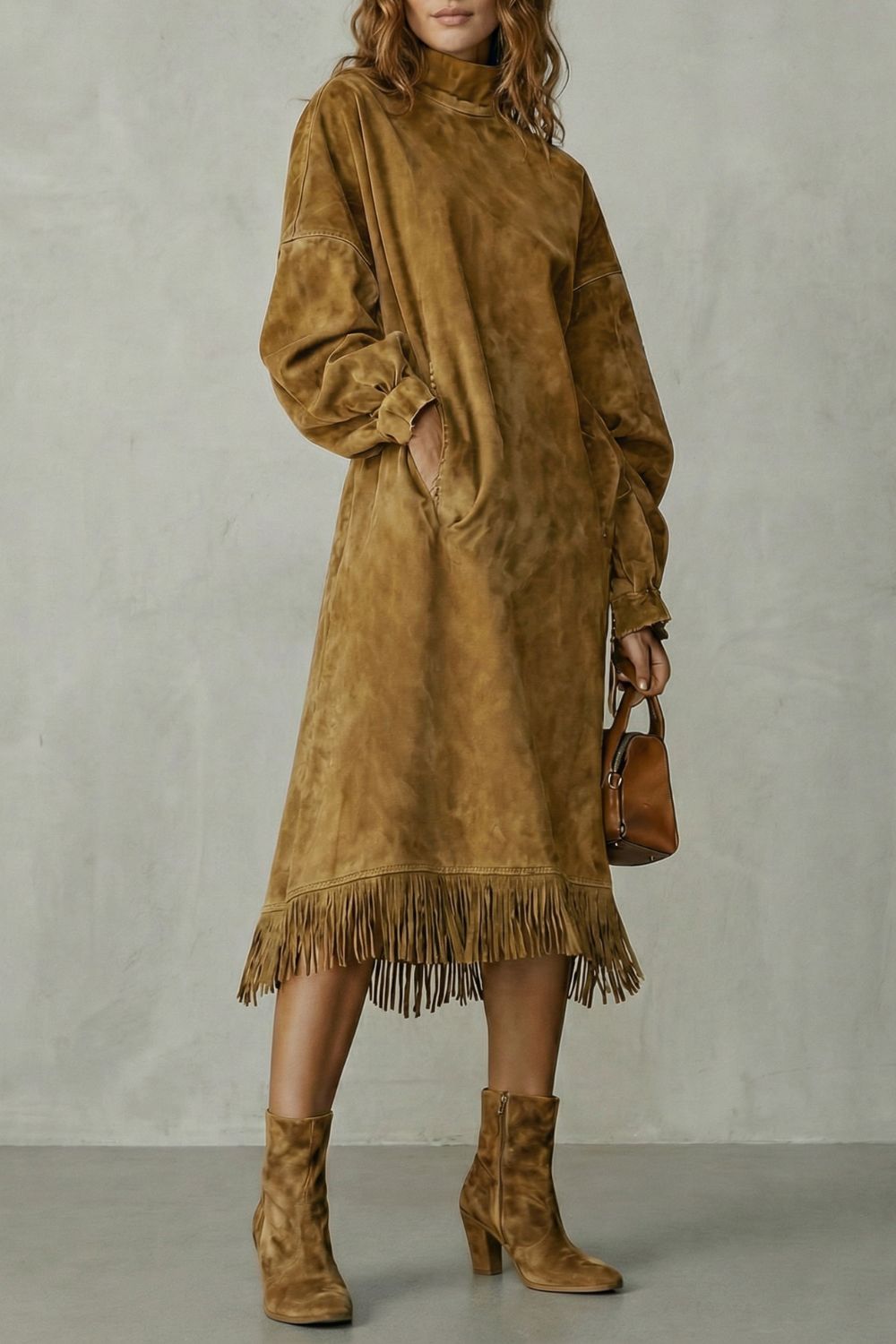 Valdrina – Suede fringe detail – Midi turtleneck dress-10452926300503-OLVIA ROSE LONDON