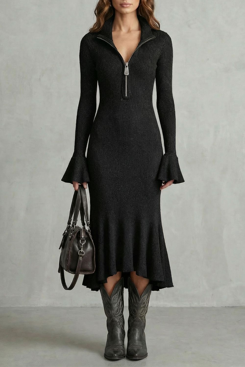 Veloria – Flared cuff elegance – Zip midi dress-10452979548503-OLVIA ROSE LONDON