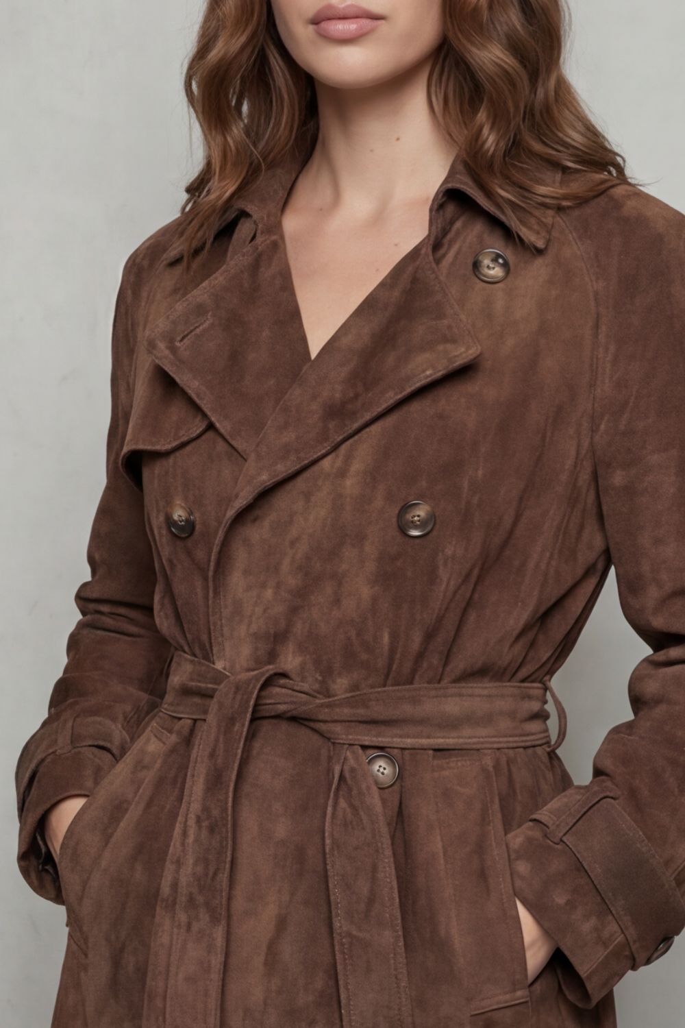 Valvetti – Double-breasted silhouette – Suede trench coat-10472150663511-OLVIA ROSE LONDON