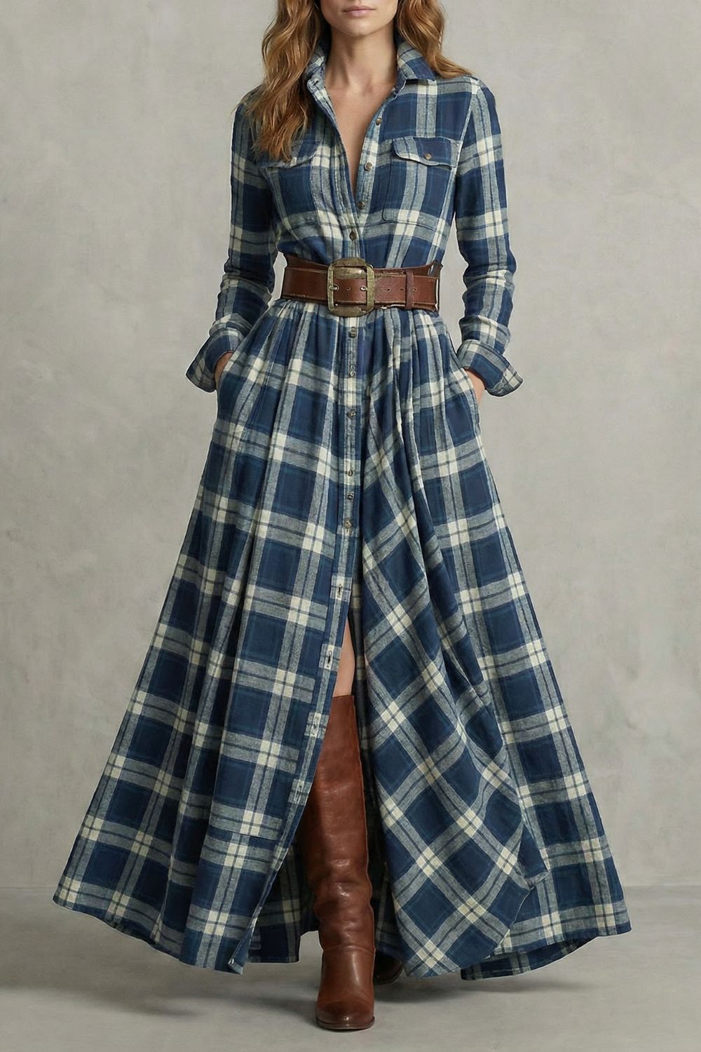 Velerine – Highland charm – Plaid maxi shirt dress (belt included)-10452973748567-OLVIA ROSE LONDON