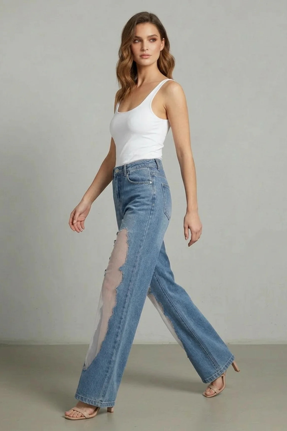 Lunetta – Vintage mesh patchwork – Wide-leg jeans-10599124730199-OLVIA ROSE LONDON