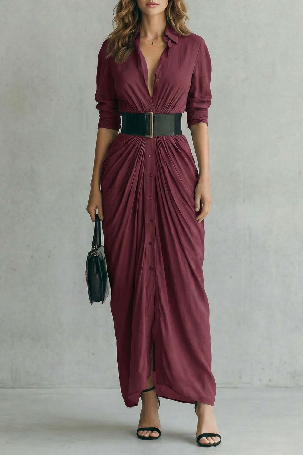 Solenzia – Pleated waist drama – Maxi shirt dress (includes belt)-10454149988695-OLVIA ROSE LONDON