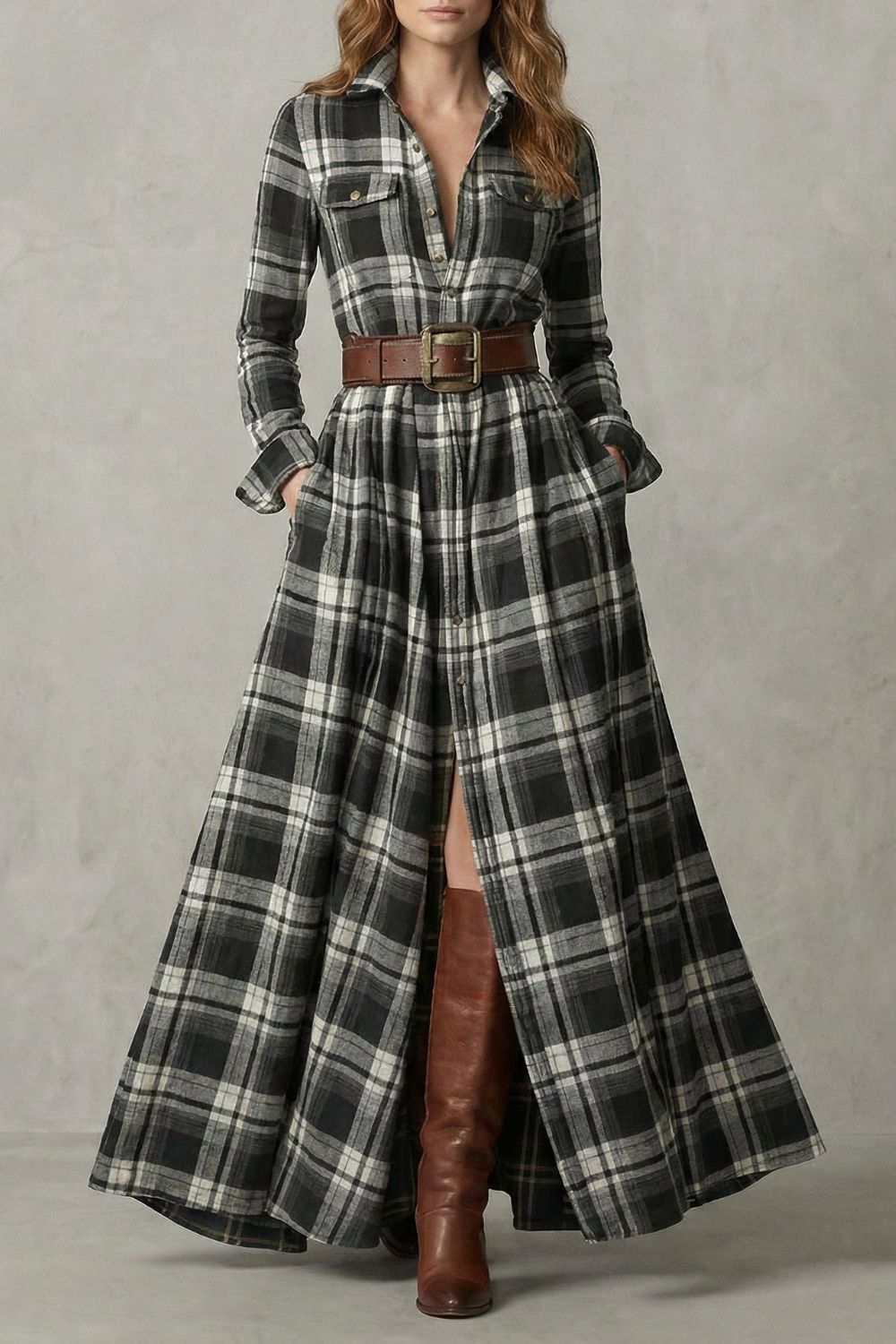 Velerine – Highland charm – Plaid maxi shirt dress (belt included)-10452973748567-OLVIA ROSE LONDON