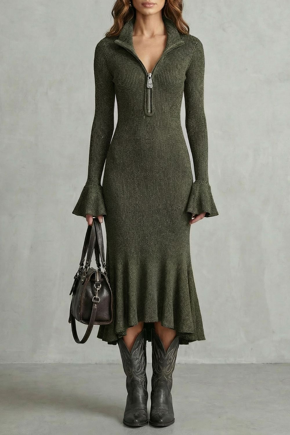 Veloria – Flared cuff elegance – Zip midi dress-10452979548503-OLVIA ROSE LONDON