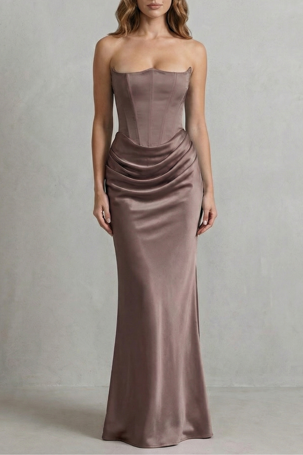 Evelisse – Sculpted satin drape – Strapless corset maxi dress-10598761300311-OLVIA ROSE LONDON
