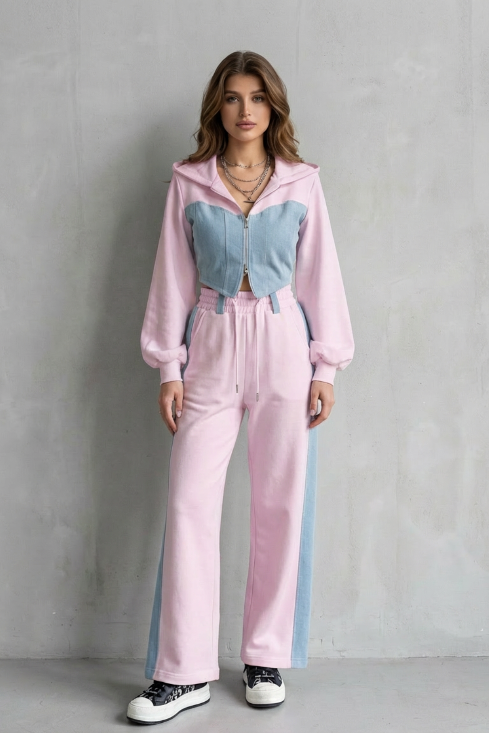Arlo – Denim Splice – Two-Piece Hoodie & Sweatpant Set-10494042440023-OLVIA ROSE LONDON