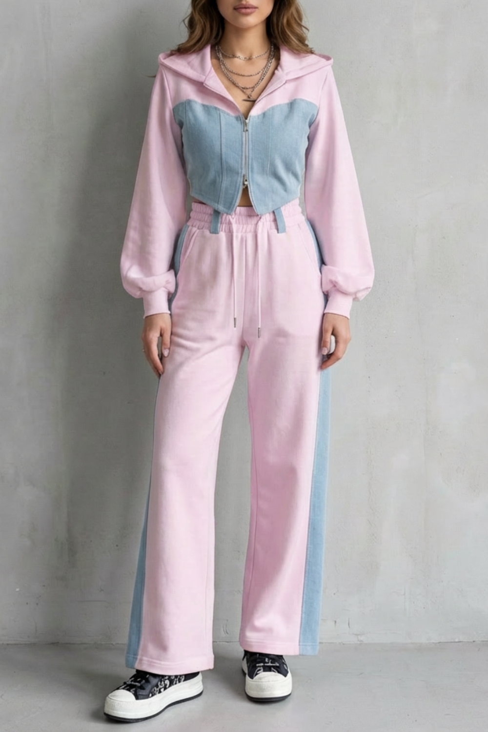 Arlo – Denim Splice – Two-Piece Hoodie & Sweatpant Set-10494042440023-OLVIA ROSE LONDON