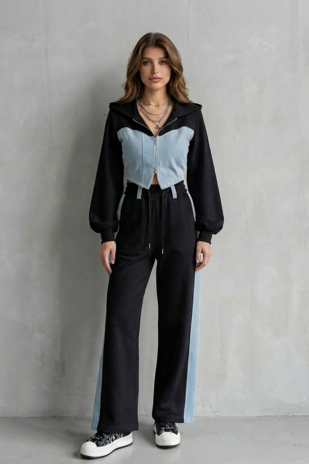 Arlo – Denim Splice – Two-Piece Hoodie & Sweatpant Set-10494042440023-OLVIA ROSE LONDON