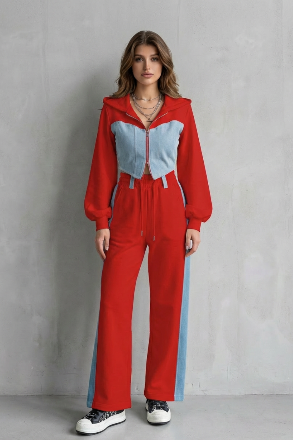 Arlo – Denim Splice – Two-Piece Hoodie & Sweatpant Set-10494042440023-OLVIA ROSE LONDON