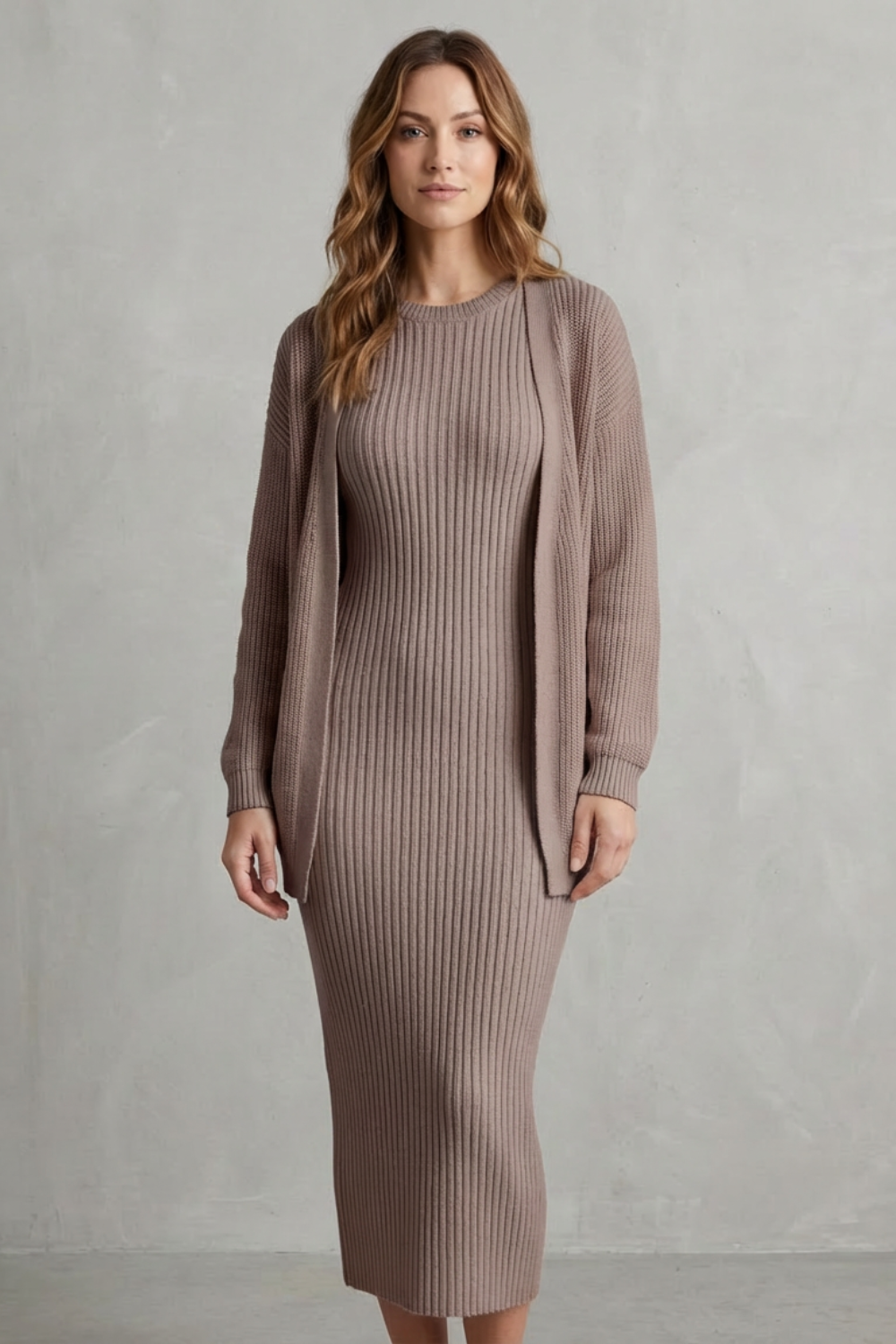 Aurelia – Ribbed Knit Sweater Dress Set – 2-Piece Slim-Fit Cardigan Ensemble-10494046863703-OLVIA ROSE LONDON