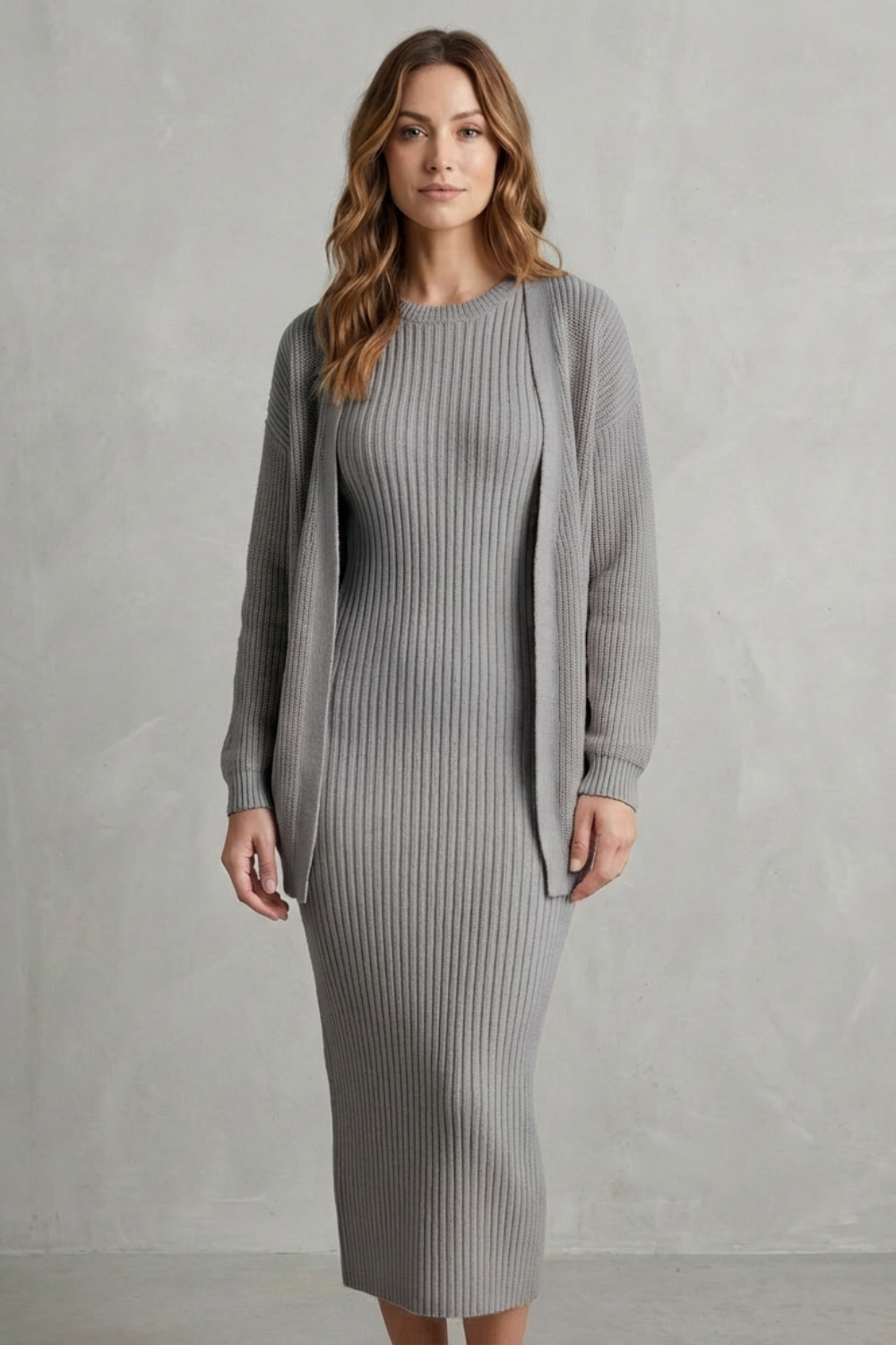Aurelia – Ribbed Knit Sweater Dress Set – 2-Piece Slim-Fit Cardigan Ensemble-10494046863703-OLVIA ROSE LONDON