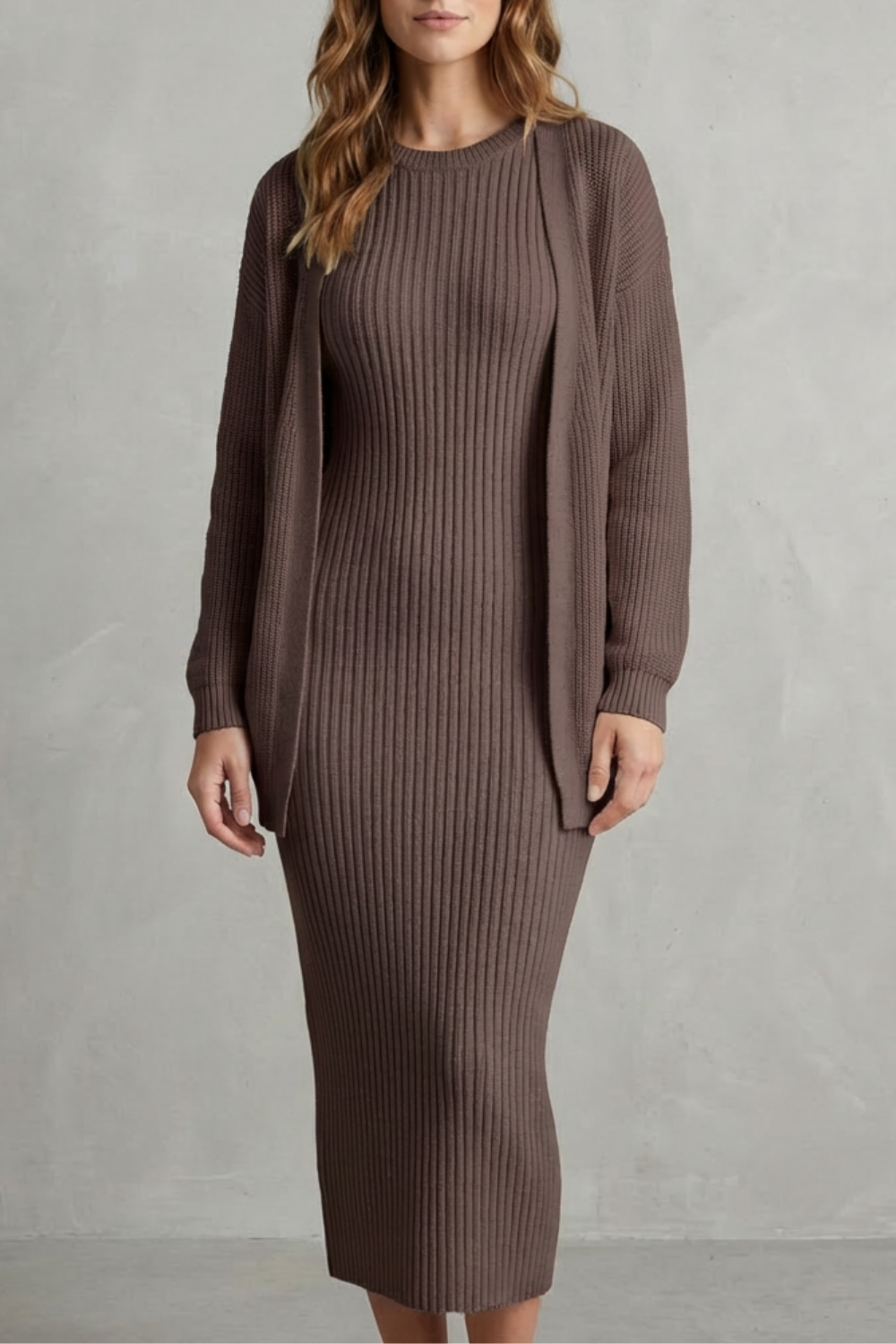 Aurelia – Ribbed Knit Sweater Dress Set – 2-Piece Slim-Fit Cardigan Ensemble-10494046863703-OLVIA ROSE LONDON